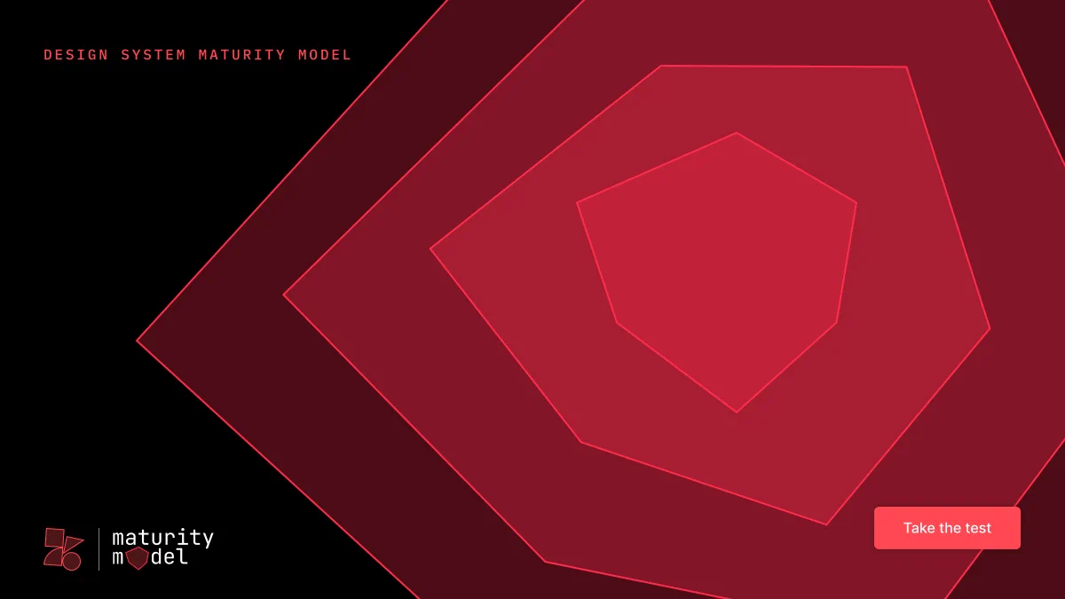Design System Maturity Model" promotional graphic with nested geometric shapes in red tones on a black background, the zeroheight maturity model logo, and a "Take the test" button.