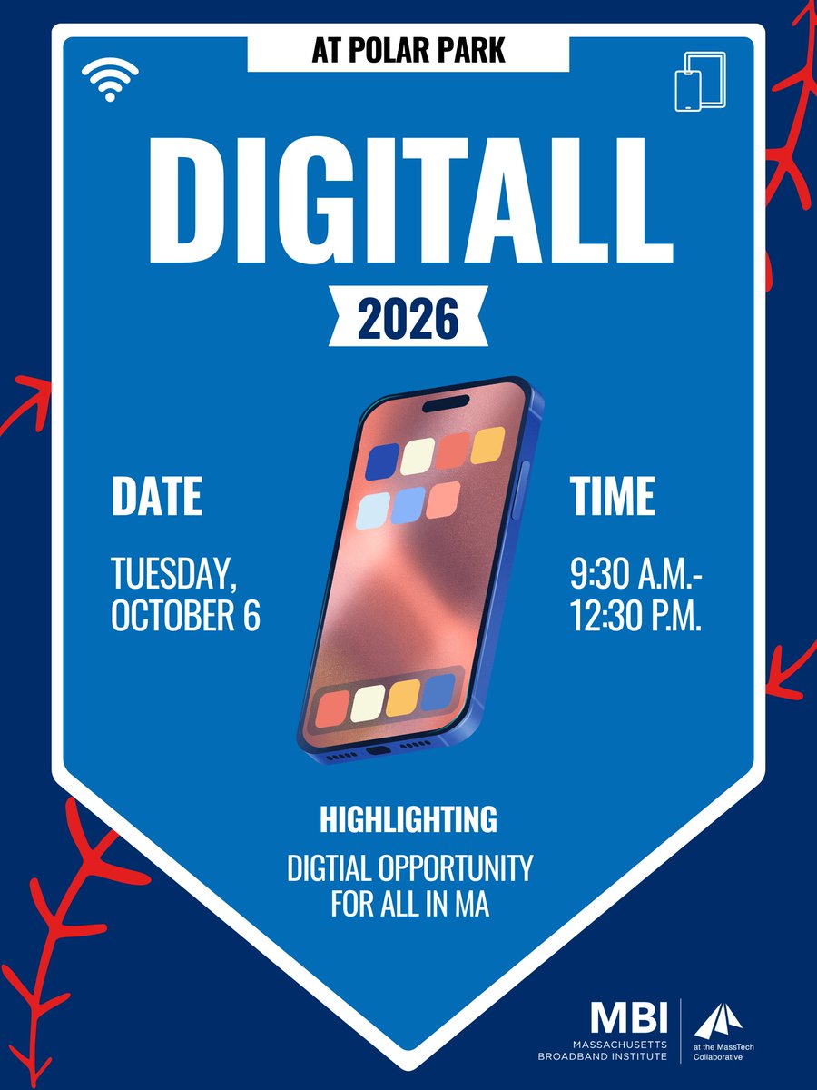 Mass_Tech's tweet photo. โพ Step up to the plate for DigitALL 2026!
Join MBI Oct. 6 at @PolarPark as leaders from across MA come together to recognize the partnerships & innovations expanding broadband access and digital opportunity across the Commonwealth.
Register: https://t.co/sW6tH9ubcv
#MBI https://t.co/iUTVh7q6nq