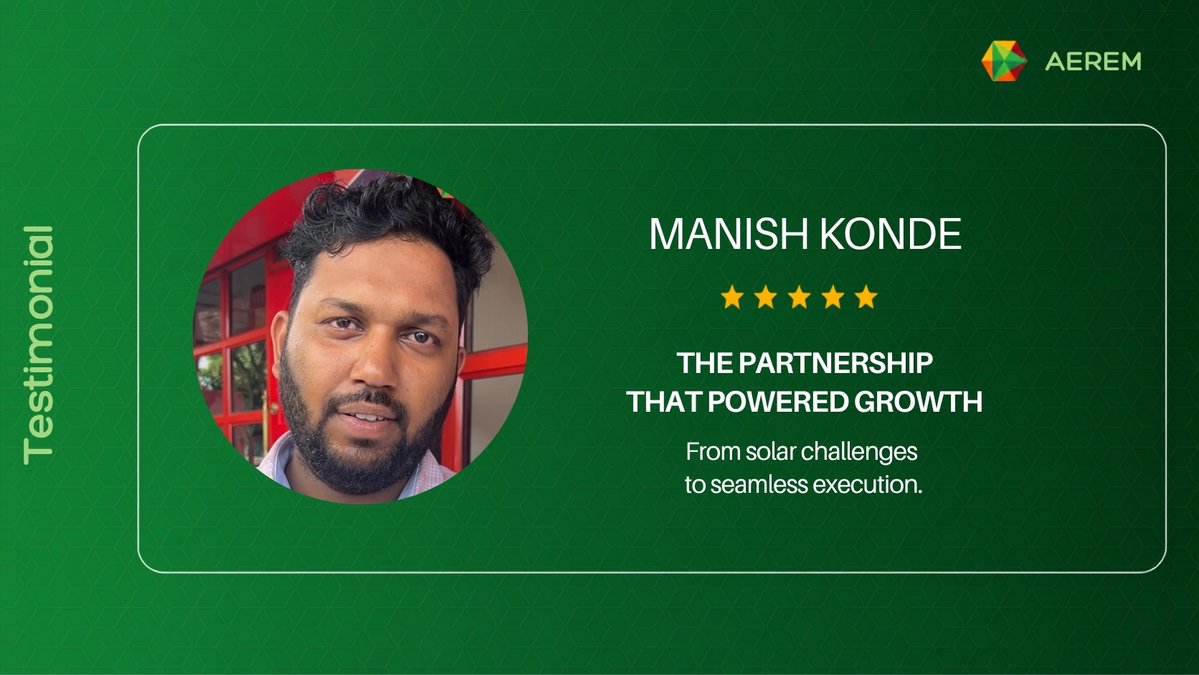 AeremSolutions's tweet photo. A customer’s journey. A smarter solar experience.
Hear from Manish Konde from Endurance Energy Services Pvt Ltd on how Aerem simplified project execution and solar adoption.
Watch the full Video here - https://t.co/FfGILAifCa

#Aerem #Testimonial #SolarEnergy #SolarSolutions https://t.co/wJ6NykrUt9