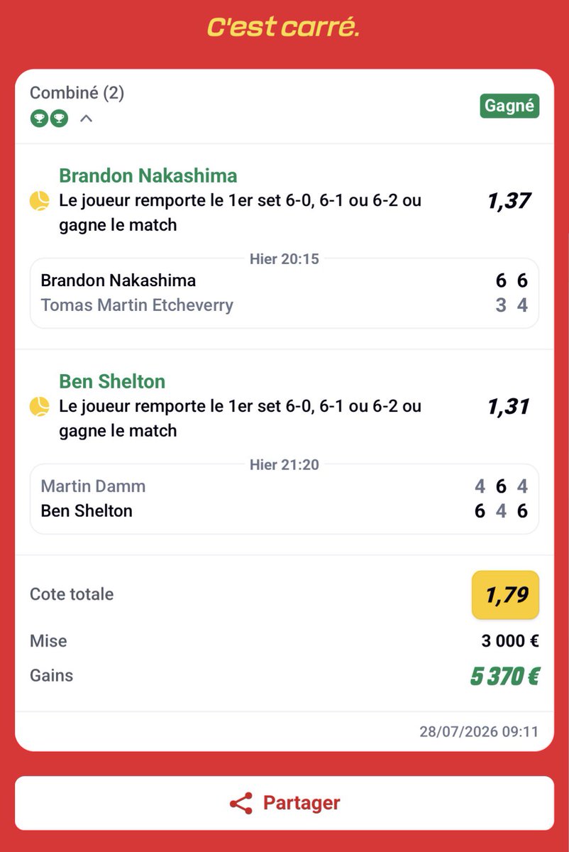 YAYA__PRONOS_'s tweet photo. SAFE TENNIS 🎾 

NAKASHIMA GAGNE + 
BEN SHELTON GAGNE ✅✅✅

COTE : 1.80 📊

BANKROLL : 3% ⭐️⭐️⭐️

CONFIANCE : 60% 💪🏻

#teamparieur #pronos #betify #betclic #football  #winamax #crypto #trump  #argent #trading #money #tennis #atp #viral #pourtoi https://t.co/ZobAUYEukl