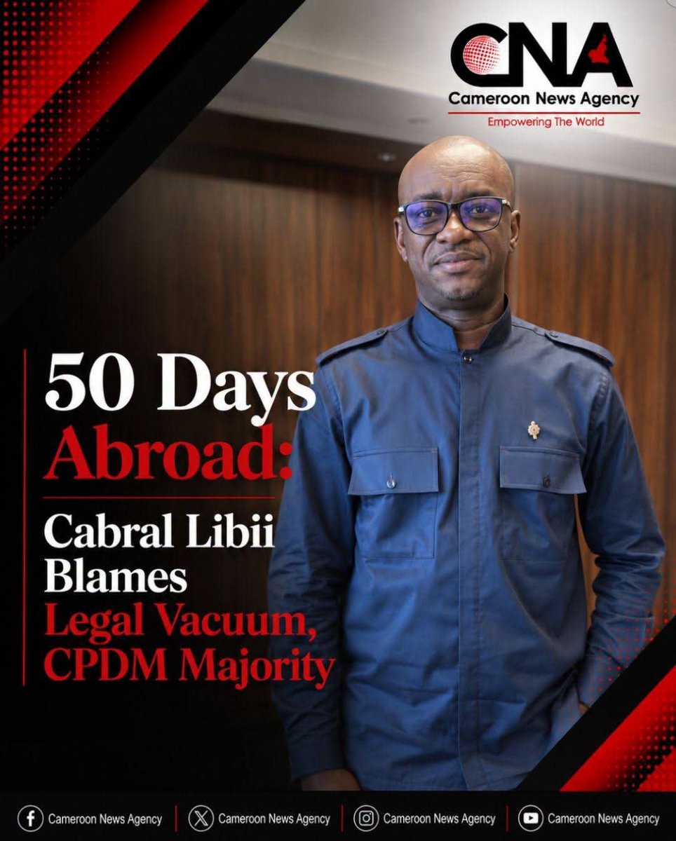 CMRNewsAgency's tweet photo. PCRN leader and MP Cabral Libii says President Paul Biya's more than 50-day stay abroad has exposed what he describes as a gap in Cameroon's Constitution, which sets no limit on how long a sitting president may remain outside the country or requires an explanation for such absenc https://t.co/bpjm4Le9lR
