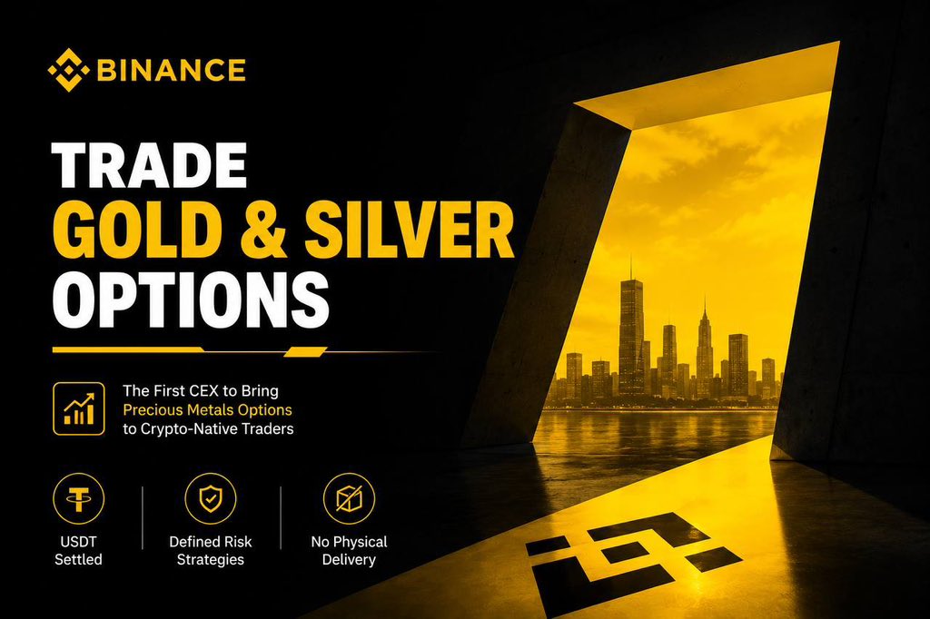 Cipher2X's tweet photo. Most people will look at this and think @binance just launched another product

I think they’re missing the bigger picture

Gold and Silver are attracting serious attention as macro assets 

Instead of watching that demand move elsewhere…

Binance is bringing it directly into the crypto ecosystem 

DOPE

Now users can trade Commodity Options on Gold & Silver from the same account they already use for crypto 

A few things that stood out to me:

• USDT-settled

• No physical delivery

• European-style options

• More flexibility through hedging and defined-risk strategies

What makes this interesting is that Binance didn’t build this in anticipation of demand 

The demand was already there 

Commodity Perpetuals have seen strong adoption, so this feels like a natural next step rather than an experiment 

And that’s the real story 

Trading platforms are no longer separating crypto from traditional markets 

They’re bringing everything under one roof.

And I wouldn’t be surprised if this is the direction the industry continues to move over the next few years.

LFG.