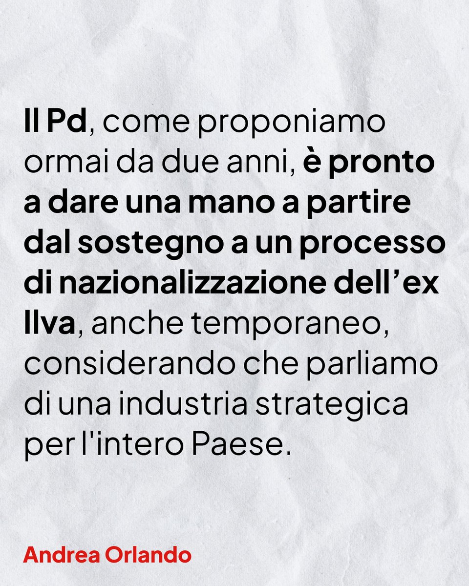 AndreaOrlandosp's tweet photo. Solidarietà ai lavoratori ex Ilva che scioperano per salvare una produzione strategica per la manifattura nazionale. Una filiera, quella dell'acciaio, colpita duramente dall'assenza colpevole del Governo Meloni su un dossier lasciato sui tavoli dell'esecutivo a marcire. https://t.co/KmRsO3CGw8