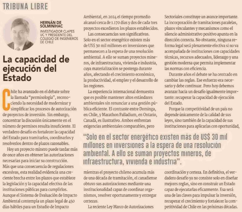 hdesolminihac's tweet photo. Hoy comparto columna en @D_Financiero sobre un desafío clave para Chile: recuperar la capacidad de ejecución del Estado. No basta con simplificar permisos. Necesitamos instituciones capaces de coordinar, resolver con oportunidad y dar certeza a las inversiones https://t.co/AqxEjLmiqm