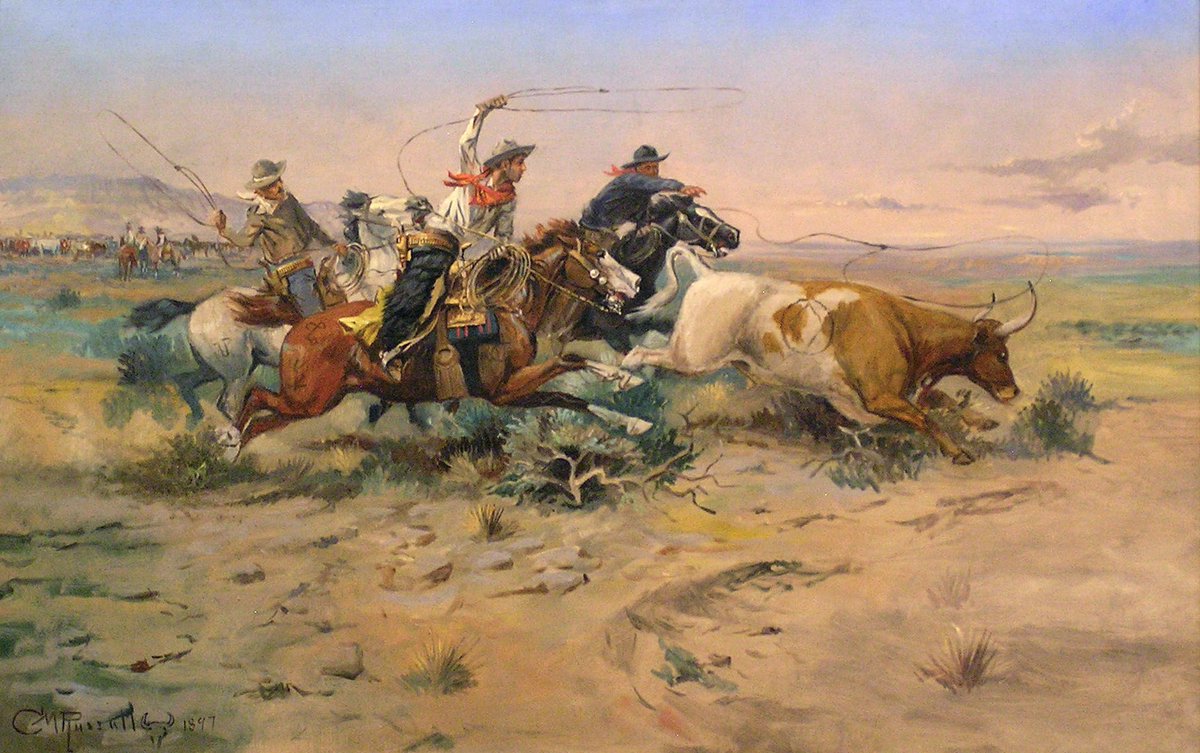 infoari's tweet photo. O quadro utilizado por Ariana Grande no clipe de “petal” se chama The Herd Quitter de Charles Marion Russell.

O quadro retrata um boi que abandonou a boiada e está sendo perseguido por cowboys. 

No Velho Oeste, um animal que se separava do rebanho era chamado de “herd quitter” (“desertor da boiada”). A cena captura o momento em que os cavaleiros tentam laçá-lo antes que ele escape de vez.