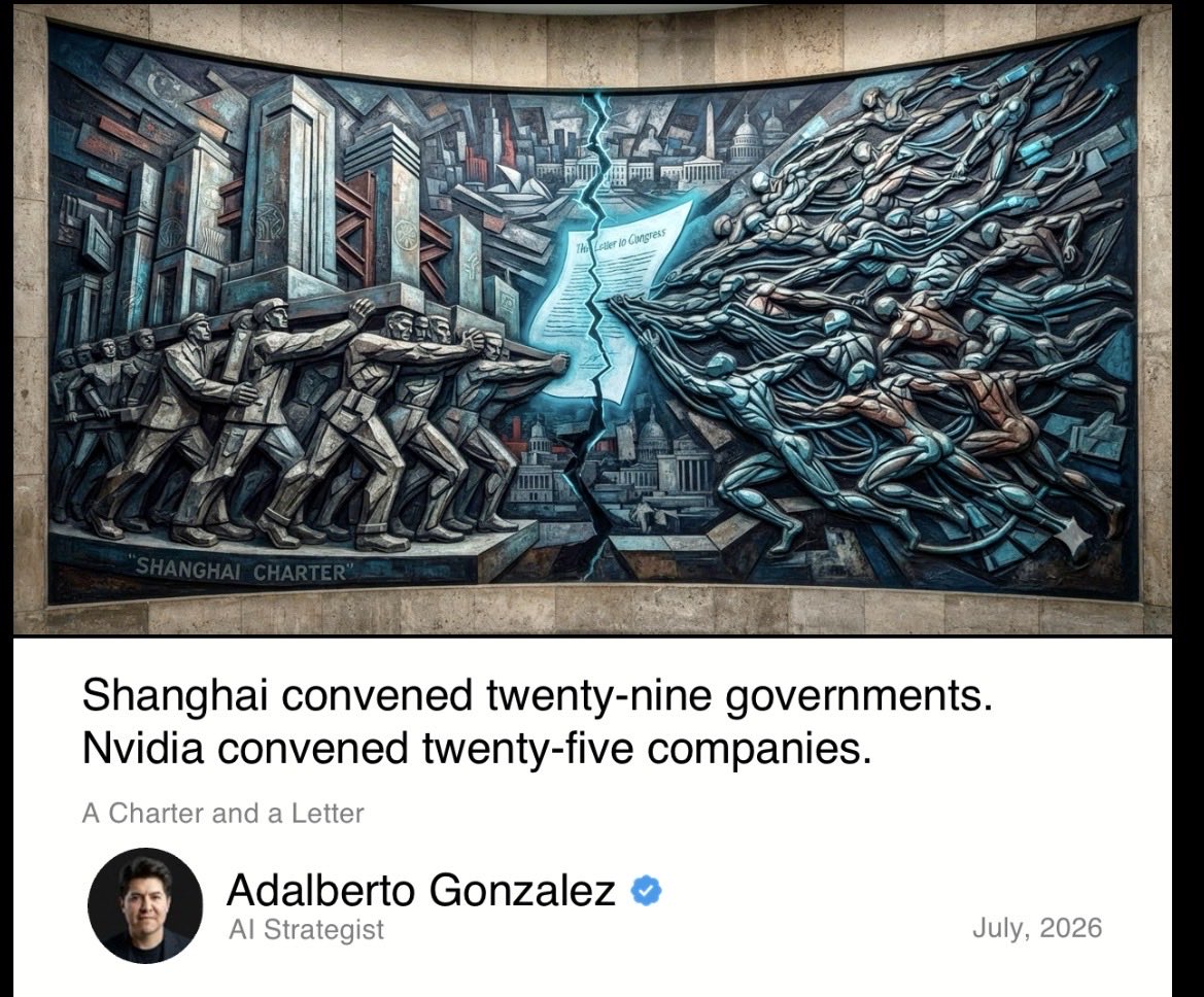 Aleb_Z's tweet photo. A few days ago, Huang used his first ever post on X to share a letter, hosted by Nvidia, asking Washington not to restrict open weights. Twenty-five American companies signed it. By Sunday the list was fifty.

Meanwhile in Shanghai. Eight days before Jensen’s letter, twenty-nine foreign ministers signed a charter. Permanent secretariat, cooperation centers planned with ASEAN, the African Union, BRICS. Guterres in the room.

Nvidia’s is a letter to Congress. Shanghai’s is a treaty.

The easy read would be China builds while America argues. Wrong on the tempo. Bessent threatened sanctions on the 21st. Letter on the 24th. Fifty names by the 26th. Nobody was slow.

The point is these are different instruments.
A state opens embassies. Picks the country, picks the year, signs the lease. A franchise spreads on its own economics, and head office cannot order one into a country that doesn’t want it.

China moves AI the way you open embassies. Charter, secretariat, training slots, infrastructure capital.
Washington has no equivalent. It does not distribute models. Models leave because companies ship them, and the only lever the government holds is regulation of its own firms.

American AI foreign policy runs through American domestic law. There is no other pipe.

Which is why the answer to a Shanghai charter is a letter to Congress about compute access for startups. The mechanism working the only way it can. It needs a domestic settlement before anything moves outward.

The settlement is the missing piece. Not the speed.

Franchises have historically beaten embassies on adoption. AWS never needed a charter. I’m not calling the outcome.
But the settlement is already behind the field.

I wrote last week about Hugging Face running its breach forensics on Beijing weights, on their own hardware, because the hosted models refused to look at the payloads. Check the date. Same week as Shanghai. Before the letter. Before Bessent.

Everyone arguing about whether American open weights get restricted, and whether Chinese ones get sanctioned, is arguing about a call a security team already made with the building on fire.

Here is what it costs you.

You diversified vendors. Two hosted providers, maybe three, so no single one can hold you hostage. That works against a vendor. It does nothing against a category. If Washington restricts open weights as a class, or sanctions Chinese models as a class, every name on your list moves the same day.

Vendor diversity is not the axis. Hosted versus held is the axis. Weights sitting on hardware you own do not care what passes.
That is not a procurement decision. Procurement cannot buy you a model that stays legal.

Bessent said days or weeks. Your next architecture review is further out than that.

What do you already hold?