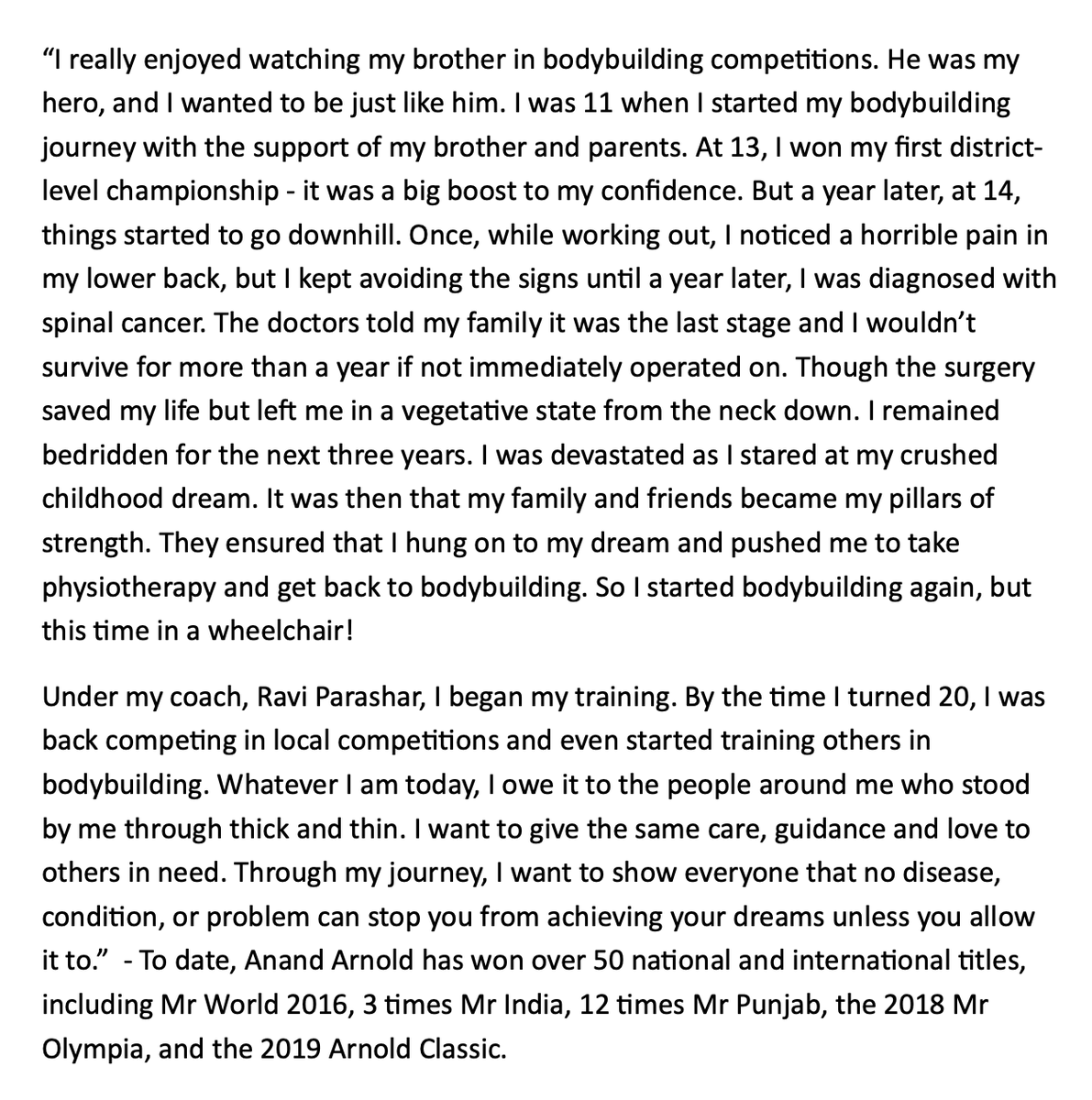 HumansofHind's tweet photo. "Whatever I am today, I owe it to the people around me who stood by me through thick and thin. I want to give the same care, guidance and love to others in need. Through my journey, I want to show everyone that no disease, condition..." - @mrworld_arnold 
#humansofhindustan https://t.co/tBFKtrqkhb
