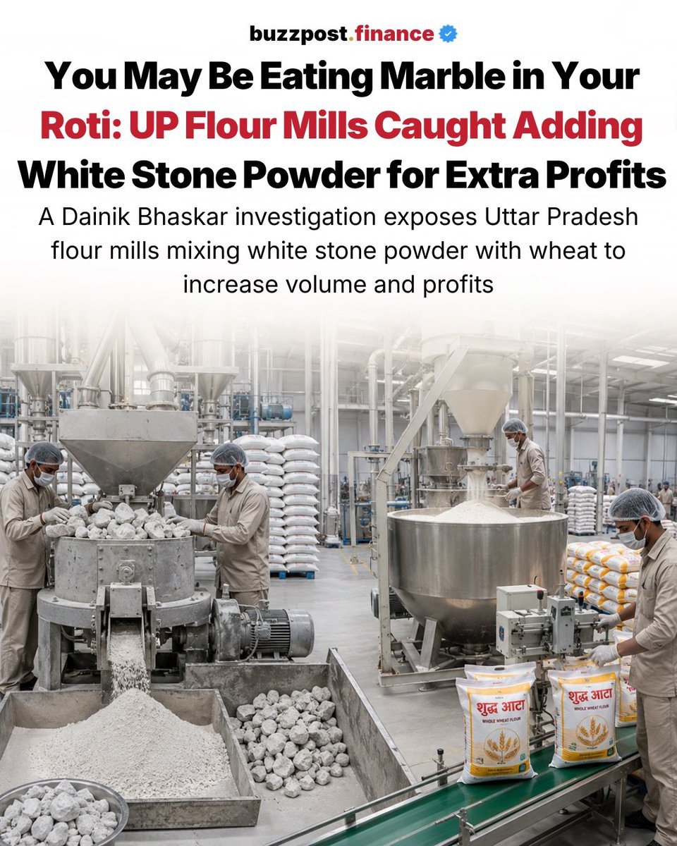 Vishwaguru2026's tweet photo. WHITE STONE POWDER IN YOUR FLOUR? A SHOCKING FOOD SAFETY SCAM ALERT!  💥💥💥😑😑😑😑

An undercover investigation has allegedly exposed flour factories in Uttar Pradesh mixing white stone powder with wheat to increase weight and profits.

The bigger shock? Reports claim adulterated flour was sold under trusted brand names.

When money matters more than people’s health, society pays the price. Food adulteration is not a crime against business — it’s a crime against public trust.

#FoodSafety #Adulteration #ConsumerRights
