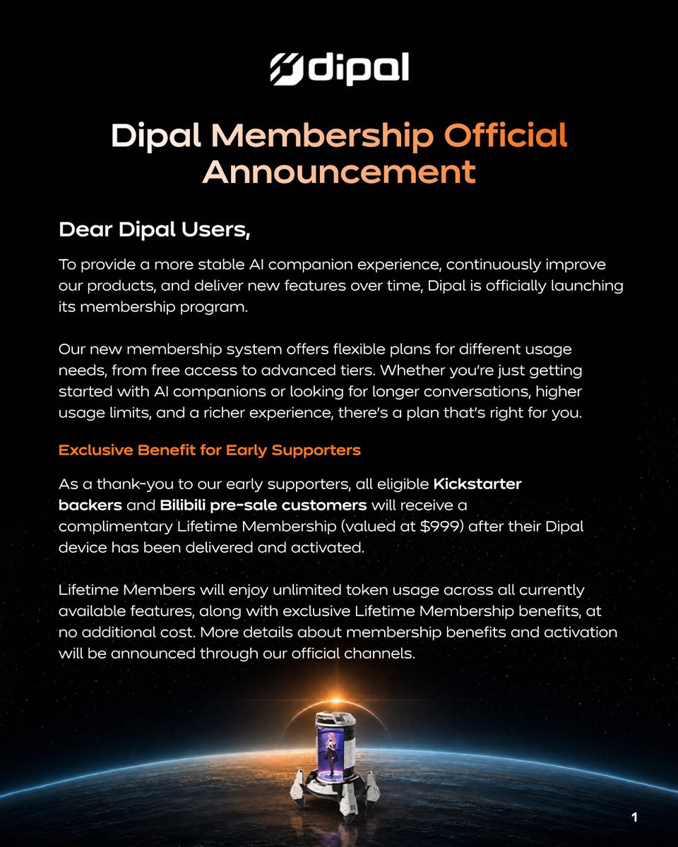 dipal_official's tweet photo. 🧵Dipal Membership is now available. Choose the plan that fits you best, from Free to Lifetime, and unlock more tokens, better memory, faster responses, and more.
#Dipal #AICompanion #Membership #AI #Tech https://t.co/Qte5hMedEc