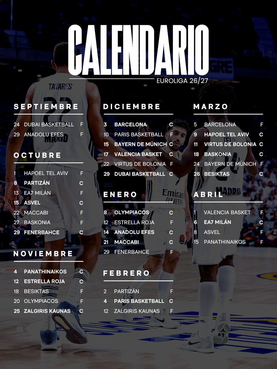 RMBaloncesto's tweet photo. 🗓️ ¡Aquí tenéis nuestro calendario de la Euroliga 2026/27! https://t.co/efZmXhq2No