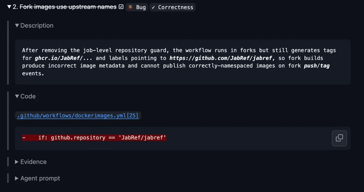 Dark-mode GitHub Qodo review showing a Bug/Correctness finding titled “Fork images use upstream names.” It explains that a JabRef fork workflow would generate upstream container tags and labels, producing incorrect image metadata. The code section highlights removal of a repository guard in .github/workflows/dockerimages.yml.