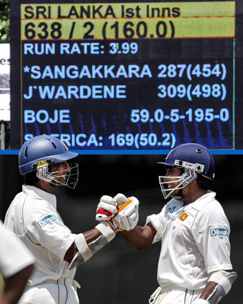 cricinfo's tweet photo. The biggest Test partnership of all time 🤝

On this Day in 2006, Mahela Jayawardene and Kumar Sangakkara beat the record held by their compatriots, Sanath Jayasuriya and Roshan Mahanama, who made 576 against India in 1997, when they pounded South Africa into submission with a 624-run stand in Colombo
