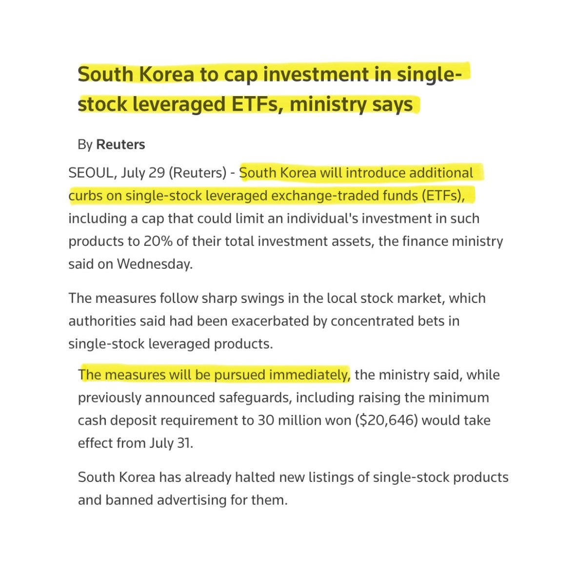 BullTheoryio's tweet photo. BREAKING: South Korea's finance ministry just restricted single stock leveraged ETFs.

Here are the changes: 

1. Individual investment in these products capped at 20% of total investment assets

2. Trading costs will go up to discourage excessive trading

3. New training requirements added for investors

4. Regulators preparing legal power to stabilize markets in emergencies, similar to rules used in Hong Kong

5. Deposit requirement rises to 30 million won, effective Friday, July 31

This comes after KOSPI crashed -20% in just 2 days.