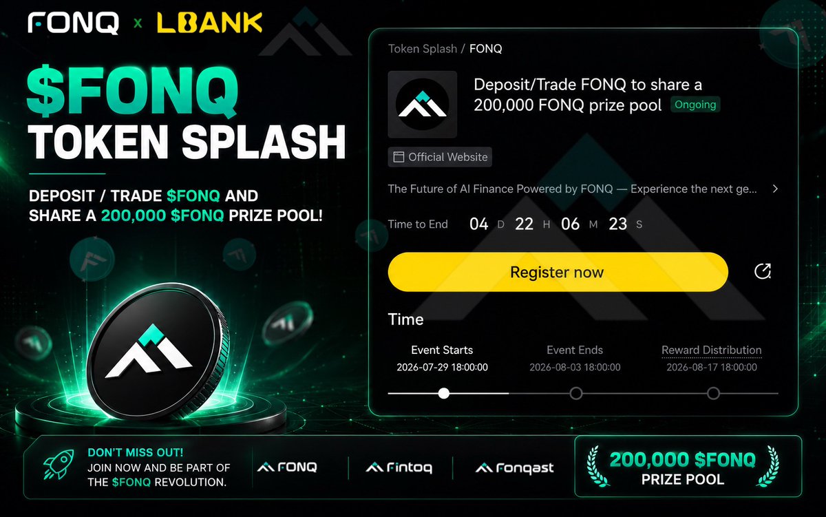fintoq_ai's tweet photo. 🎁 $FONQ Token Splash is LIVE on @LBank_Exchange ! 

🤩 A massive 200,000 $FONQ Prize Pool is waiting for participants:
https://t.co/21Cd7eLgPo

•• Task 1 ••
New User Exclusive (80,000 $FONQ Prize Pool)
•• Task 2 ••
Trade $FONQ on Spot (100,000 $FONQ Prize Pool)
•• Task 3 ••
Invite Friends to Easily Earn $FONQ (20,000 $FONQ Prize Pool)

💎 This is your opportunity to grow your $FONQ holdings while participating in one of the biggest community campaigns.