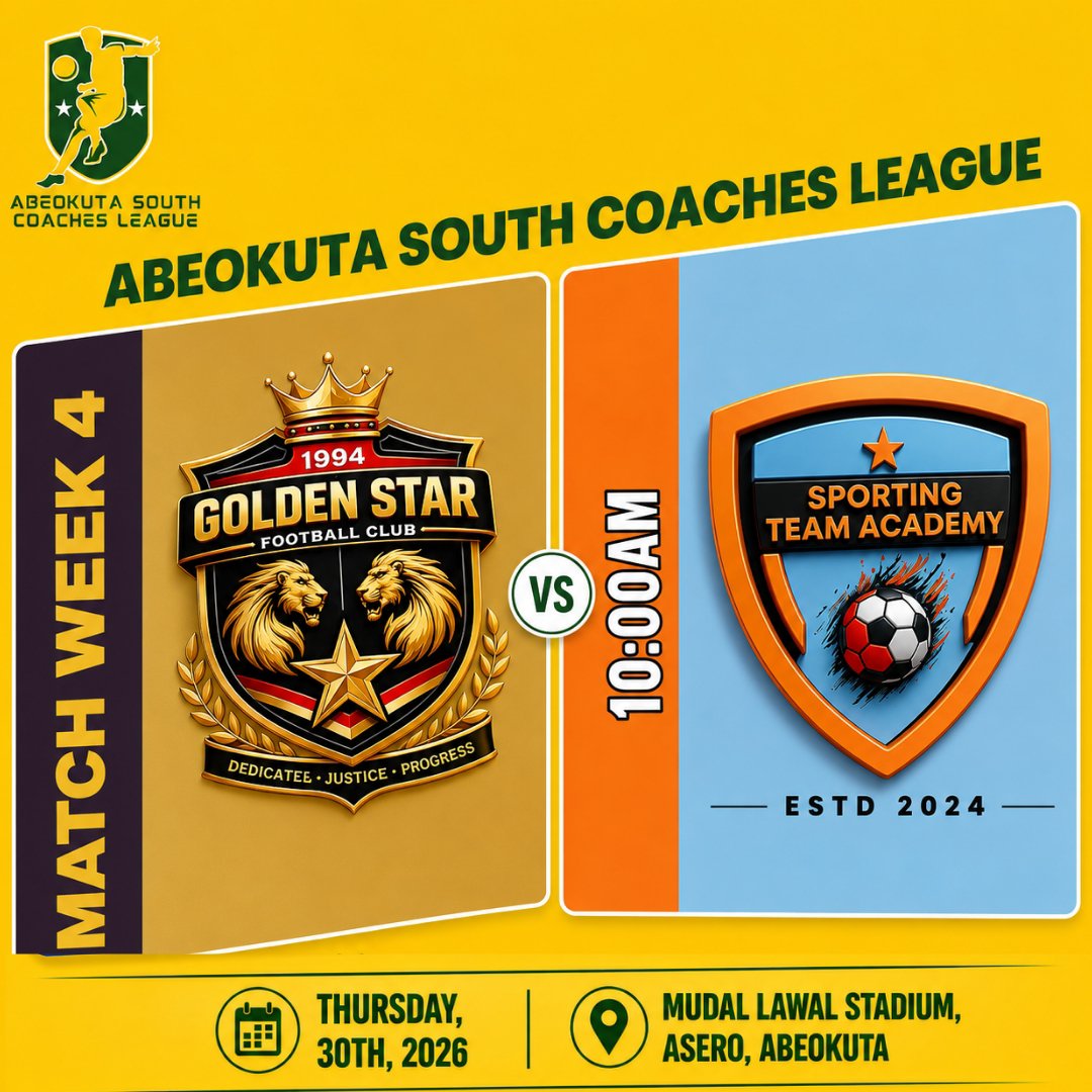 AbkSouthLeague1's tweet photo. MATCH WEEK 4 THURSDAY FIXTURES:

GOLDEN STARS FC VS SPORTING TEAM ACADEMY: 10:00am

MARVELOUS STAR FA Vs OLUWOLE FC: 12:00pm

#ASCL26 #Grassrootfootball https://t.co/omtsKFUu1p