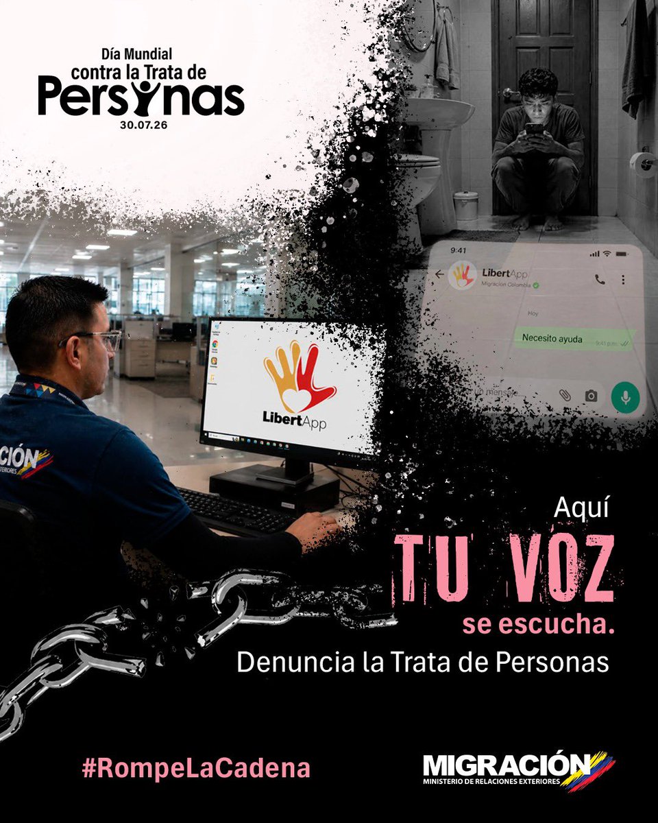 MigracionCol's tweet photo. #SemanaContraLaTrata | Todos somos ojos y oídos contra la #TrataDePersonas. Los Oficiales de @MigracionCol están listos para asistirte ante un posible caso. Descarga #LibertApp, infórmate y denuncia si tú o alguien que conoces está siendo víctima de este delito. #RompeLaCadena https://t.co/mwvJAkm5rq