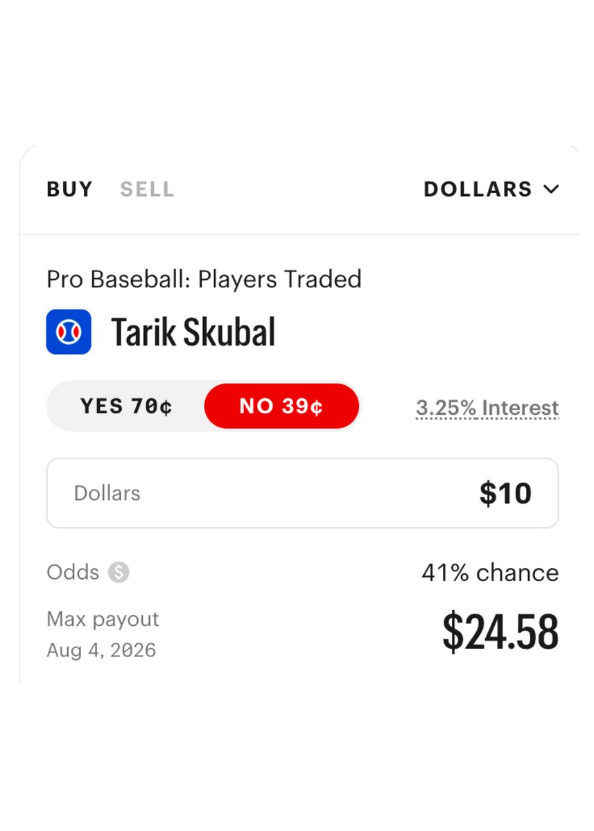 KalshiSports's tweet photo. NEW: There is now over a 60% chance that Tarik Skubal is traded at the trade deadline, via Kalshi.

Putting $10 on Skubal to stay past the deadline pays out $24.58. https://t.co/3K0oeDedG0