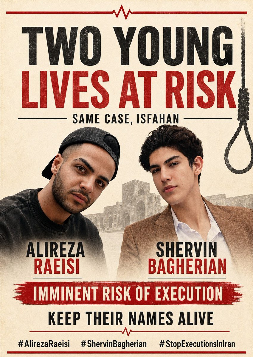 Azita002's tweet photo. NO MORE SILENCE: #Alireza_Raeisi, born in 2004, and 18-year-old #ShervinBagherian need urgent protection. Reports raise concerns about forced confessions, torture and denied defense. @nypost Use every diplomatic and media channel now. #StopExecutionsInIran https://t.co/3WnHuLvcCY