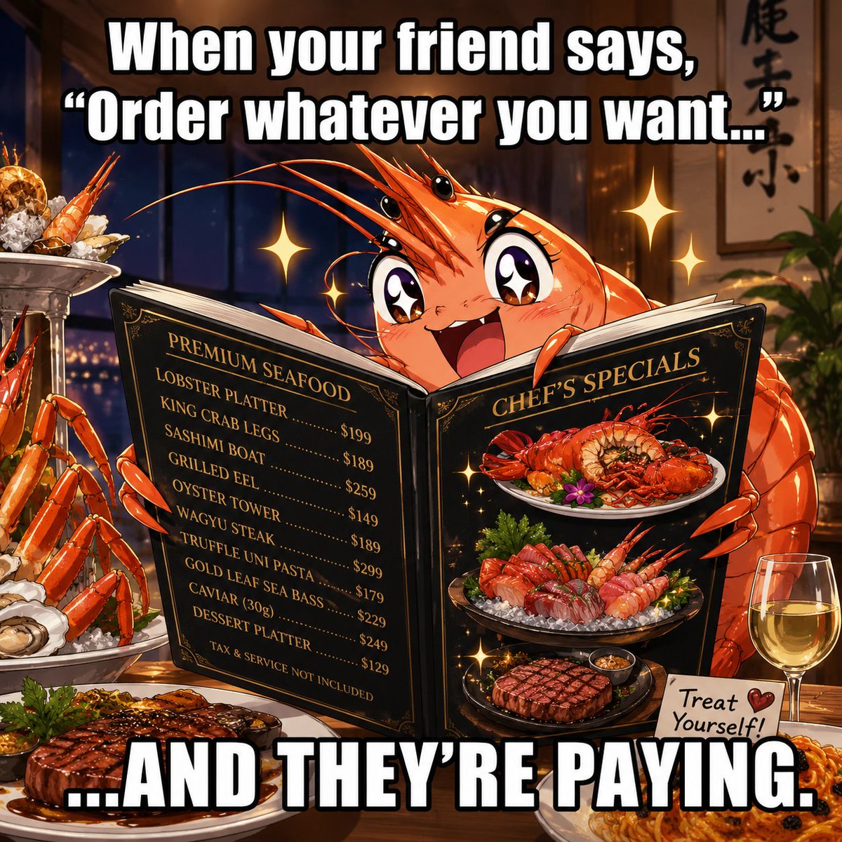 metartificial's tweet photo. Sometimes all it takes is four magical words to unlock your inner food critic. If you've ever upgraded from "just fries" to "I'll take the chef's specials," this meme is for you!
#memes #animals #art https://t.co/3tUhcLTeYL
