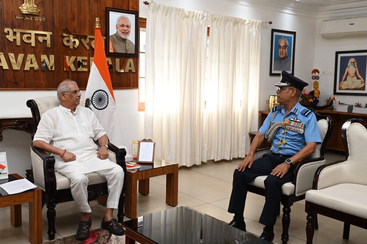 IafSac's tweet photo. Strengthening strategic partnerships for a secure maritime future. 🇮🇳

Air Marshal Jasvir Singh Mann, AVSM, VM, AOC-in-C, Southern Air Command, called on Shri Rajendra Vishwanath Arlekar, Hon'ble Governor of Kerala, on 29 Jul. The interaction focused on maritime operations and key developmental initiatives, reaffirming a shared commitment to enhancing national security, strengthening operational preparedness, and fostering enduring civil-military cooperation.
Together, building a stronger maritime domain and a more secure India.
#IndianAirForce