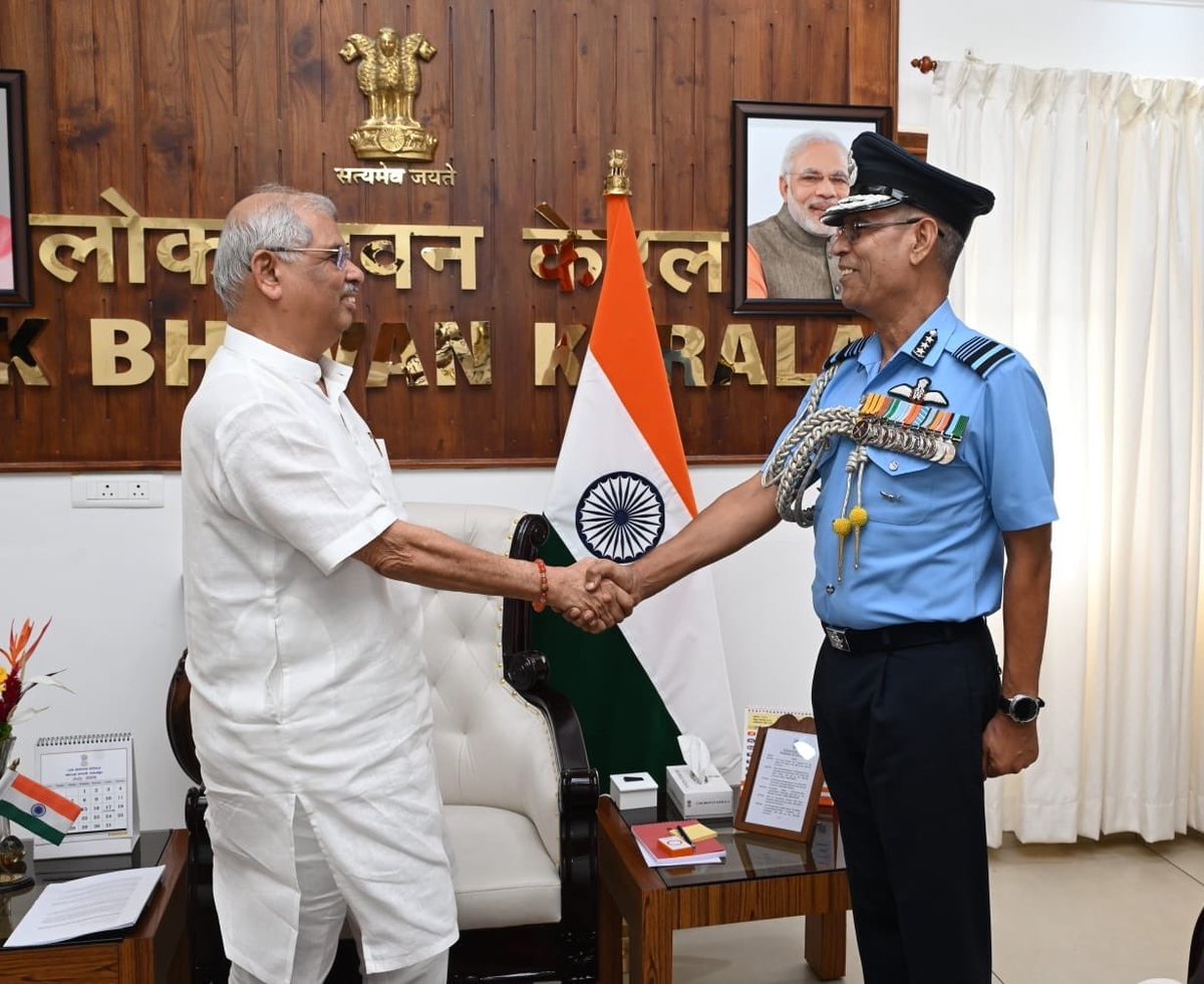 IafSac's tweet photo. Strengthening strategic partnerships for a secure maritime future. 🇮🇳

Air Marshal Jasvir Singh Mann, AVSM, VM, AOC-in-C, Southern Air Command, called on Shri Rajendra Vishwanath Arlekar, Hon'ble Governor of Kerala, on 29 Jul. The interaction focused on maritime operations and key developmental initiatives, reaffirming a shared commitment to enhancing national security, strengthening operational preparedness, and fostering enduring civil-military cooperation.
Together, building a stronger maritime domain and a more secure India.
#IndianAirForce