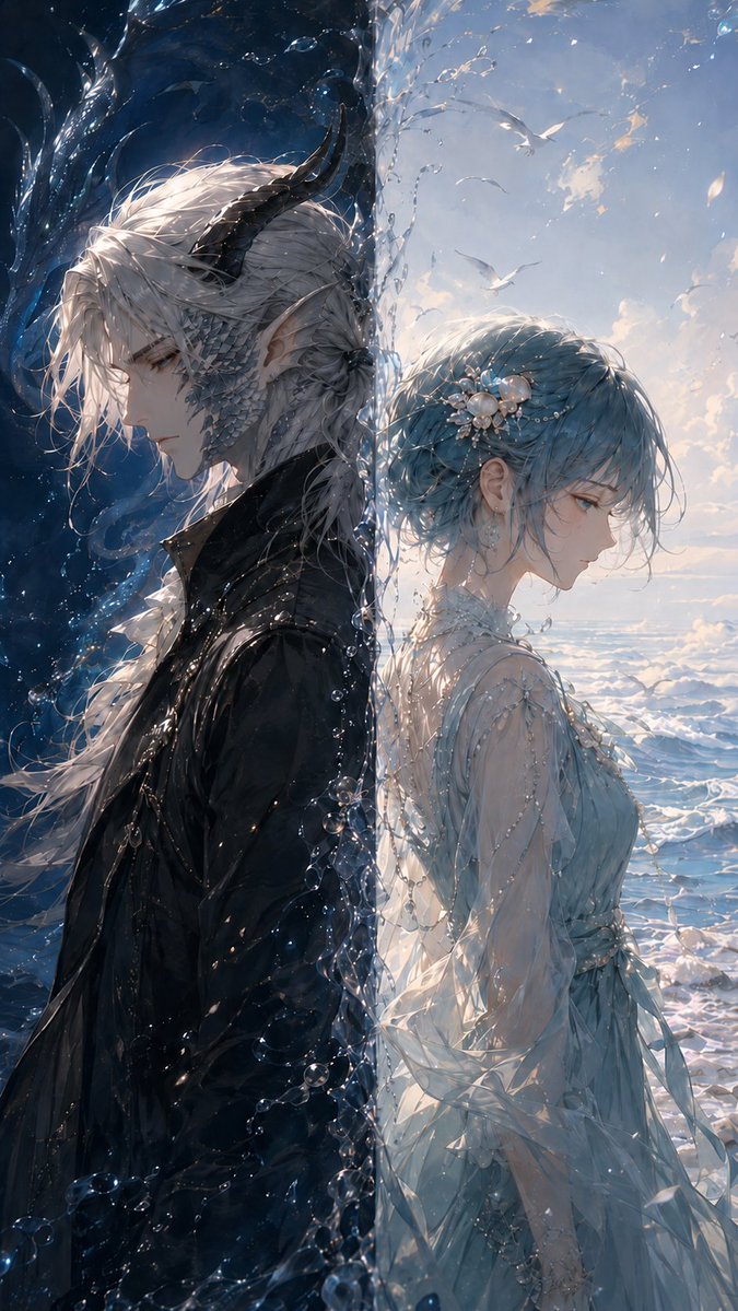 aveluneverse's tweet photo. 【原本的我們】

兩個不同世界的個體。

岸上的人想潛入海裡，
於是長出了耳鰭。

海裡的存在想躍上岸，
於是褪去了鱗片。

各自越過一半的距離，成了如今的模樣。
也終於在這片大海相遇。

#Mistsea #我們曾經隔著一片海 https://t.co/DPi1jLAfWN
