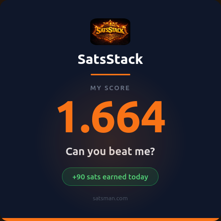 KillerO7's tweet photo. I scored 1.664 today on SatsStack and earned 90 sats! Can you beat me? 🟧 https://t.co/dAY2JGtCDt https://t.co/AOr3ZfZXB5