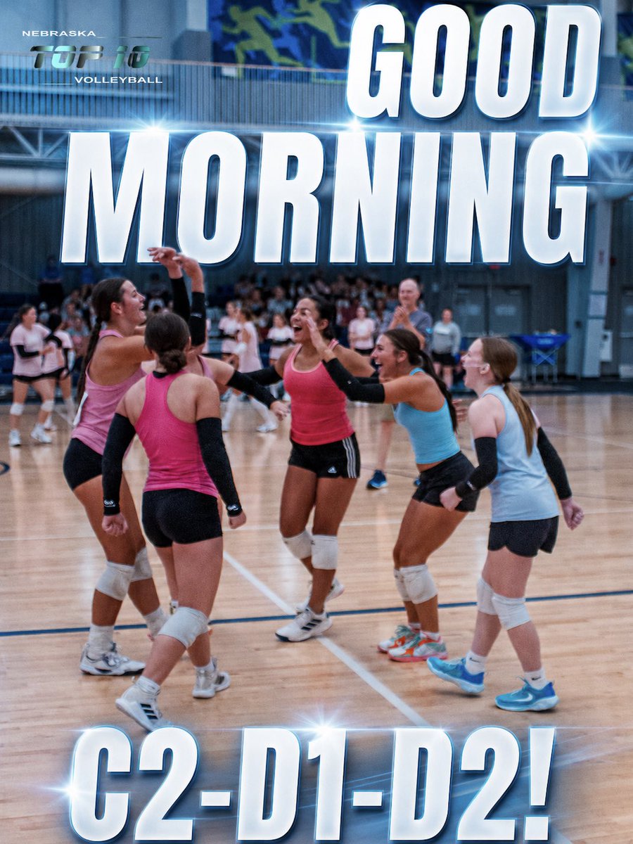 NebraskaTOP10's tweet photo. Good morning Day Two!!☀️
Winner of C2, D1, and D2 will be crowned in T-minus 7 hours ⏰
Can’t wait for another day of great volleyball! 🏐
#NETOP10 #playthebesttobethebest https://t.co/lHP0DxfmUC