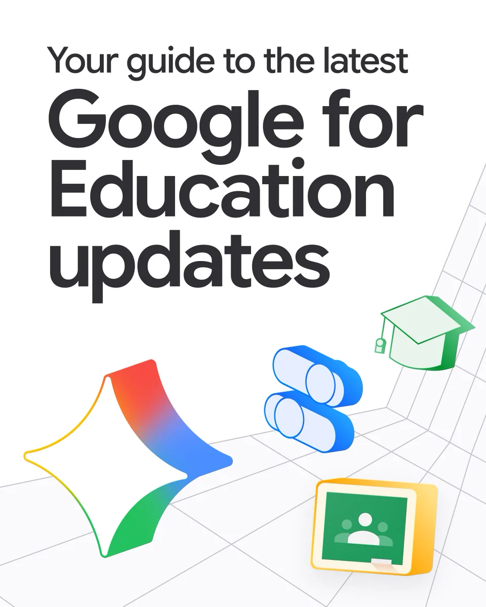 Graphic reading "Your guide to the latest Google for Education updates" featuring the Gemini spark logo and other classroom icons on a grid background.