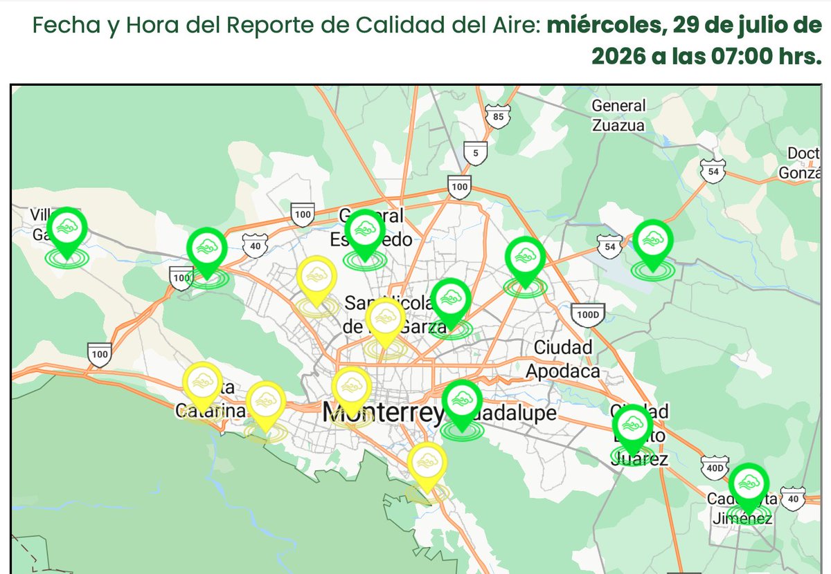MauroMoralesMtz's tweet photo. Esta mañana de miércoles la temperatura marca de 25˚ a 27˚ con cielo medio nublado y #Aceptable calidad del aire en 6 estaciones, mientras 9 marcan #Buena. Hoy se espera una tarde Soleada con máximas de 37˚. #Genevieve ya va a mil Km alejado del territorio nacional. https://t.co/Z45kICt9Qv