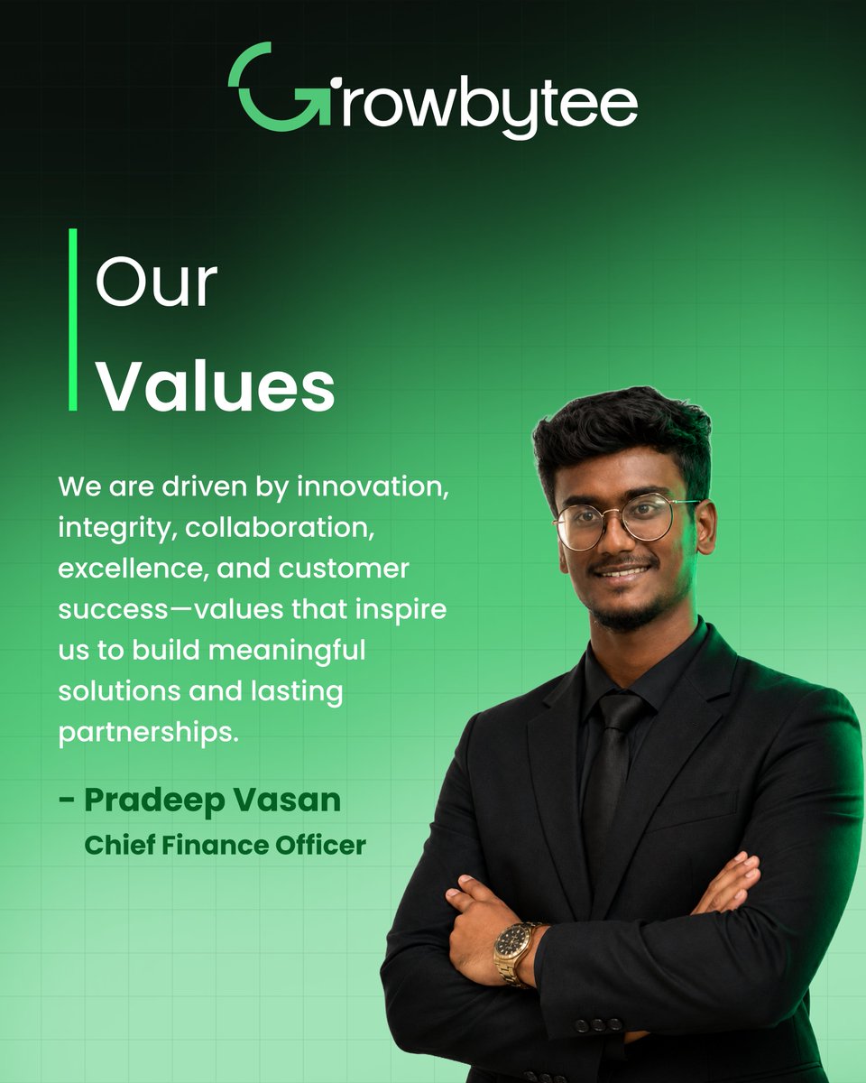 GrowbyteeGlobal's tweet photo. Our mission drives us. 
Our vision inspires us. 
Our values define us.  

Innovation. Integrity. Collaboration. Excellence. Customer Success.  

This is the foundation of GrowBytee.

#GrowBytee #Innovation #BusinessGrowth #Leadership #DigitalTransformation #Startup #Tech https://t.co/DhbsUSHCoo