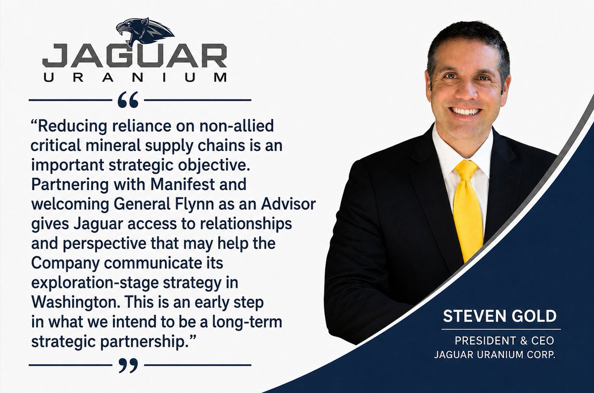 jaguaruranium's tweet photo. $JAGU #uranium
Yesterday, we announced a significant step in advancing Jaguar Uranium's U.S. Government strategy.

We have engaged Manifest Industries as our strategic advisor for U.S. Government relations and welcomed General Charles Flynn (U.S. Army, Ret.) as an Advisor to the Company.

As the U.S. works to strengthen allied critical mineral supply chains, we are positioning Jaguar to engage with key stakeholders while advancing our uranium exploration portfolio in Argentina and Colombia.

Read the full news release:
https://t.co/hL8ZI0jm7b