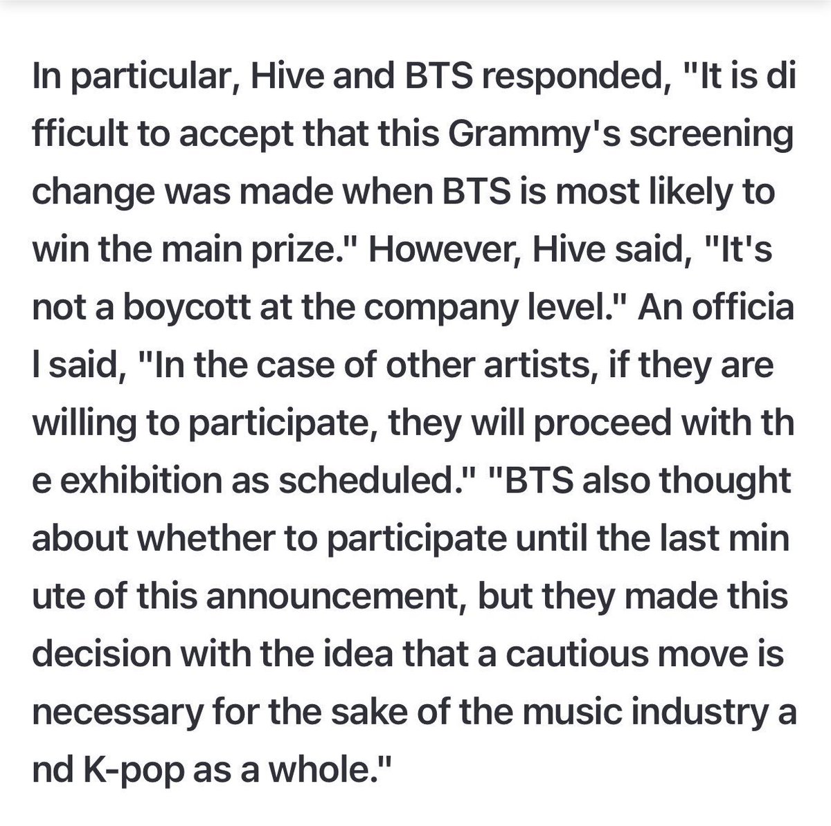 Mikro_Mexico's tweet photo. "HYBE ha emitido un comunicado indicando que la compañía seguirá apoyando si algún otro artista bajo su gestión tiene la intención de presentar obras a los Grammy."

Esto significa que este movimiento de ignorar los Grammy no es una orden de la compañía o la agencia, sino una decisión de los propios miembros de Bangtan.