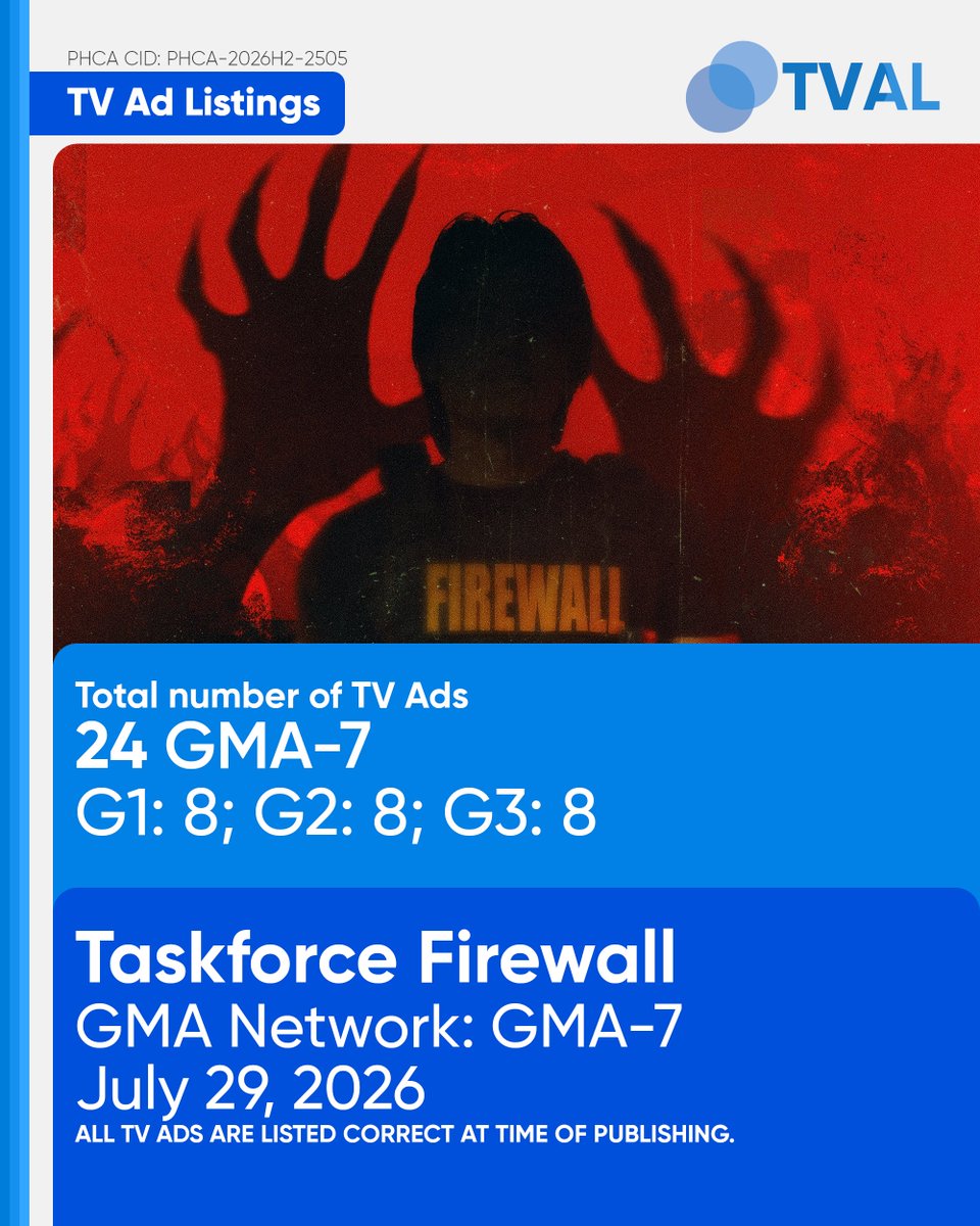 PHCATVCListings's tweet photo. #DRPSPHCATVAL: TV Ad Listings - July 29, 2026 (20:45)
Access the TV Ad Listings on the DRPS PHCA App: https://t.co/TV1wWABneu

#TFGaloVsHisDemons: 24 (GMA)
#SomeoneSomedayResurfaced: 50 (KapCha); 39 (A2Z); 44 (ALLTV2/TV5)

PHCA-2026H2-2505
PHCA-2026H2-2506 https://t.co/hGtHgfaPJy