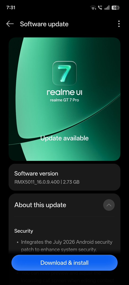 tsaikumar1989's tweet photo. The realme GT 7 Pro 5G got new OTA update in India.

- July security patch update 
- massive 2.73GB in size 

#realme #realmeGT7Pro https://t.co/ux9zcO9akc