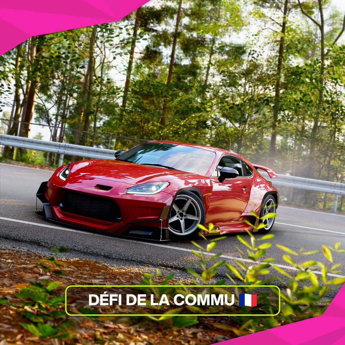 ForzaHorizonFR's tweet photo. Défi Hebdo de la Commu FR sur FH6 #10 ! 🇫🇷 
 
Cette semaine, préparez-vous à affronter un circuit de cross-country au volant de la Toyota GR86 2022 !
 
🏁 Tracé : Circuit de cross-country de Nangan (Mode Rivaux)
🔼 Classe : B
🏎️ Voiture : Toyota GR86 2022
🔧 Réglages de la voiture : Libres (transformez votre GR86 en reine du cross-country)
📆 Date limite : Mardi 4 août, midi
 
👇 Mettez votre résultat en commentaire avec votre GamerTag et, si possible, ajoutez une photo de votre GR86 en pleine action !
 
Bonne course, bonne chance à tous… et domptez le cross-country jusqu’à la ligne d’arrivée ! 🏁🔥

📸 de @Kaffal7