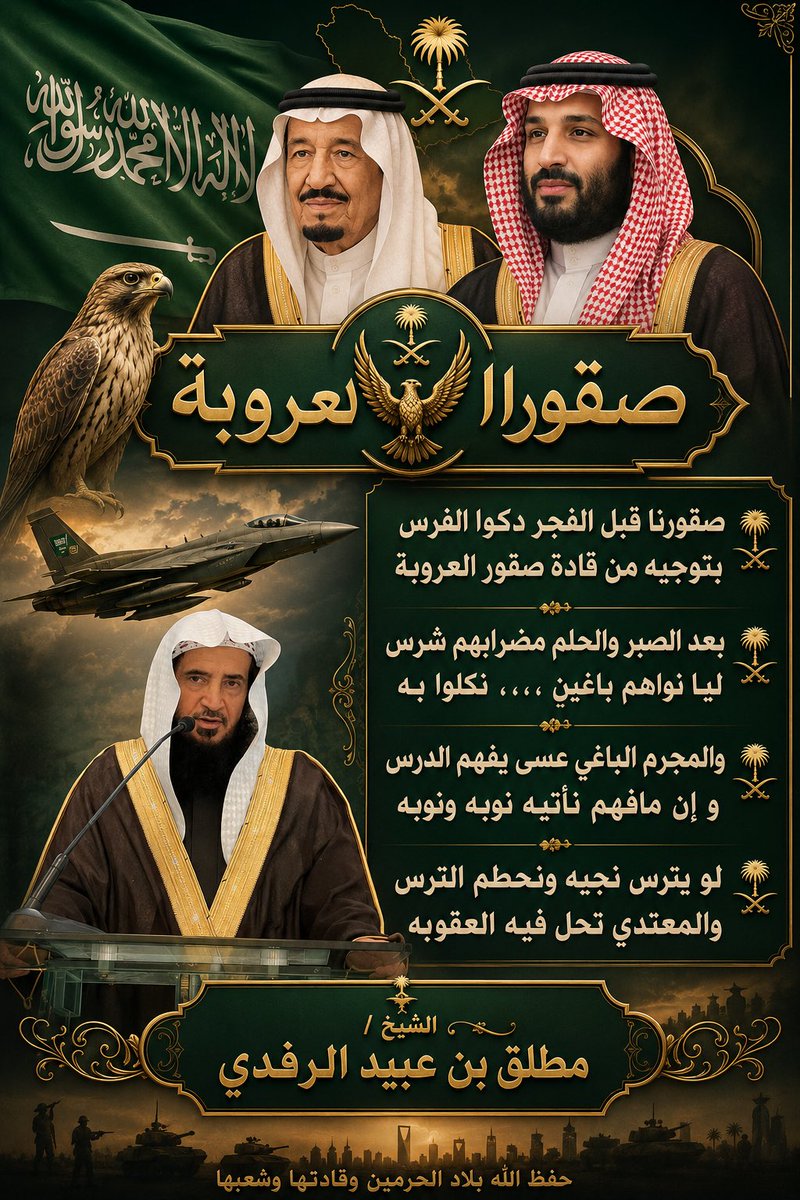 AlShemlan's tweet photo. صقورنا قبل الفجر دكوا الفرس 
بتوجيه من قادة صقور العروبة 

بعد الصبر والحلم مضرابهم شرس 
ليا نواهم باغينٍ ،،،، نكلوا  به 

والمجرم الباغي عسى  يفهم الدرس 
و إن  مافهم نأتيه نوبه ونوبه 

لو يترس نجيه ونحطم الترس
والمعتدي تحل فيه العقوبه 

الشيخ / مطلق بن عبيد الرفدي https://t.co/43vMqCb6SL