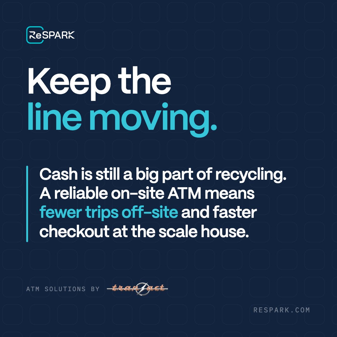 respark_sw's tweet photo. Does your yard have an ATM?

Convenient access to cash can improve the customer experience and keep your operation moving. That's why ReSpark is partnering with TranAct.

Learn more: https://t.co/FgfbQ8Kqhk
https://t.co/fnXBK39QUV

#ReSpark #Recycling https://t.co/ytngl0trVw