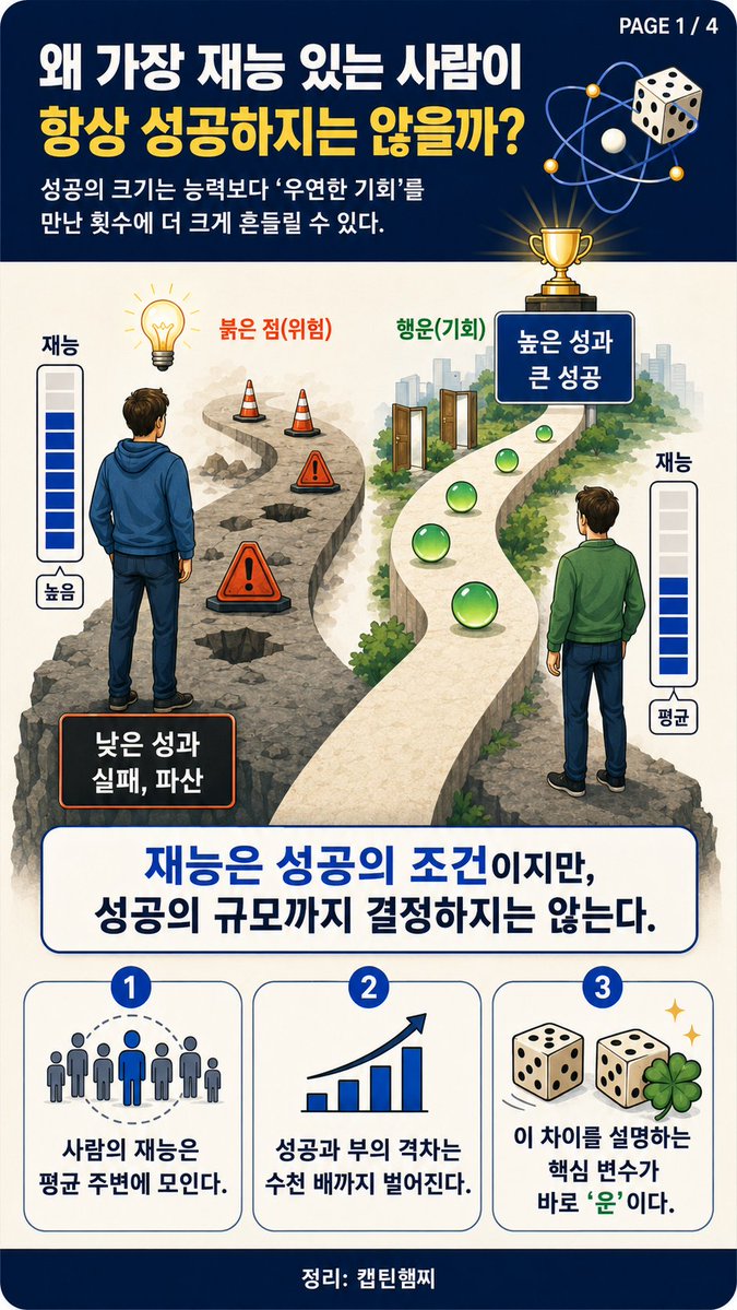 realkimchiboy's tweet photo. 성공은 실력만으로 결정되지 않는다…평범한 사람이 더 크게 성공하는 이유

1. 우리는 성공한 사람을 보면 재능과 노력을 먼저 떠올림. 반대로 실패한 사람에게는 능력이나 의지가 부족했다고 쉽게 판단함. 하지만 인간의 능력 차이만으로는 현실에서 벌어지는 엄청난 성공 격차를 설명하기 어려움.

2. 사람의 키나 달리기 기록, 지적 능력은 대부분 평균 근처에 모이는 종 모양의 분포를 보임. 아무리 뛰어난 사람도 보통 사람보다 능력이 수천 배 뛰어날 수는 없음.

3. 반면 소득과 부의 분포는 전혀 다름. 평균보다 수백 배, 수천 배 많은 부를 가진 사람이 실제로 존재함. 능력 차이는 크지 않은데 결과의 차이는 지나치게 크다는 뜻임.

4. 이탈리아 연구진은 가상 인물 1,000명에게 서로 다른 재능과 같은 초기 자본을 주고, 행운과 불운을 무작위로 만나게 하는 실험을 진행했음. 행운을 만나면 재산이 늘고, 불운을 만나면 재산이 절반으로 줄어드는 방식이었음.

5. 실험이 끝난 뒤 가장 부자가 된 사람은 재능이 가장 뛰어난 사람이 아니었음. 평균적인 재능을 가졌지만 우연히 행운을 여러 번 만난 사람이 가장 큰 성공을 거뒀음. 뛰어난 재능을 가진 사람도 불운이 반복되면 가난해졌음.

6. 현실에서도 비슷한 일이 일어남. 태어난 달에 따라 스포츠 선수나 경영자가 될 가능성이 달라지고, 이름이 발음하기 쉽거나 성씨의 알파벳 순서가 빠르다는 이유만으로 더 좋은 평가를 받기도 함. 태어난 나라와 가정환경 역시 개인이 선택할 수 없는 운임.

7. 그렇다고 노력할 필요가 없다는 뜻은 아님. 재능과 노력은 행운이 왔을 때 기회를 붙잡는 힘이 됨. 다만 열심히 했다고 반드시 성공하는 것도 아니고, 실패했다고 노력하지 않은 것도 아님.

8. 개인이 할 수 있는 가장 현실적인 방법은 시도 횟수를 늘리는 것임. 새로운 일을 해보고, 사람을 만나고, 익숙하지 않은 환경에 자신을 노출할수록 예상하지 못한 기회를 만날 가능성도 커짐.

9. 실패를 자신의 능력 전체에 대한 판정으로 받아들일 필요도 없음. 실력이 부족했을 수도 있지만, 시기나 환경이 좋지 않았을 수도 있음. 한 번의 결과보다 다시 시도할 수 있는 상태를 유지하는 것이 더 중요함.

10. 사회도 이미 성공한 사람에게만 기회와 자원을 몰아주기보다, 더 많은 사람에게 다시 도전할 기회를 제공하는 편이 효율적임. 재능이 있어도 아직 운을 만나지 못한 사람이 곳곳에 있기 때문임.

11. 성공한 사람에게 필요한 태도는 겸손임. 자신의 노력만으로 여기까지 왔다고 믿기보다, 좋은 사람과 환경, 우연한 기회가 함께 작용했다는 사실을 인정할 필요가 있음.

12. 결국 성공은 실력과 노력, 그리고 운이 함께 만든 결과임. 우리가 통제할 수 있는 것은 완벽한 결과가 아니라 준비하고 시도하는 횟수임. 운은 고를 수 없지만, 운이 찾아올 수 있는 자리에 계속 서 있을 수는 있음.

출처: 성균관대학교 물리학과 김범준 교수의 통계물리학 강연 및 「Talent versus Luck: The Role of Randomness in Success and Failure」 연구 내용 정리

https://t.co/yMQnpUtYUV
