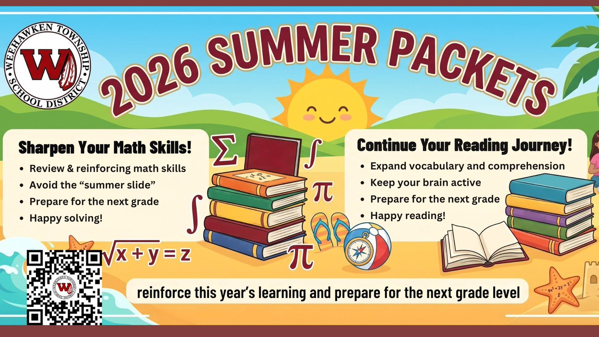 WeehawkenTSD's tweet photo. To support continued learning over the summer, we sent home Summer Learning Packets for Reading, Math, and AP Courses with students entering Grades K-12 in the fall:
https://t.co/quG6IIFTRt
@EricCrespoEDU @FAmato53 @al_orecchio @RobFerullo4 @StefanieCirill1 @JColasurdoEDU https://t.co/FrIVxL6SWZ
