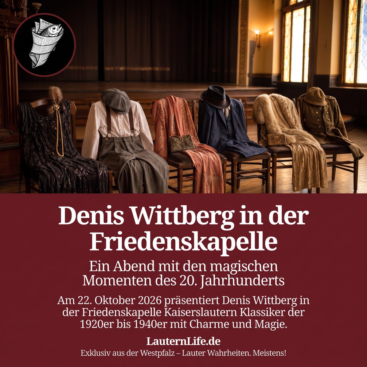 LauternLife's tweet photo. Denis Wittberg holt die magischen Momente des 20. Jahrhunderts in die Friedenskapelle! Sei am 22. dabei und lass dich verzaubern. Bist du dabei? #LauternLife #Kultur #Satire

👉 https://t.co/yKkI4NF8W1 https://t.co/vTLHYZ9YYN
