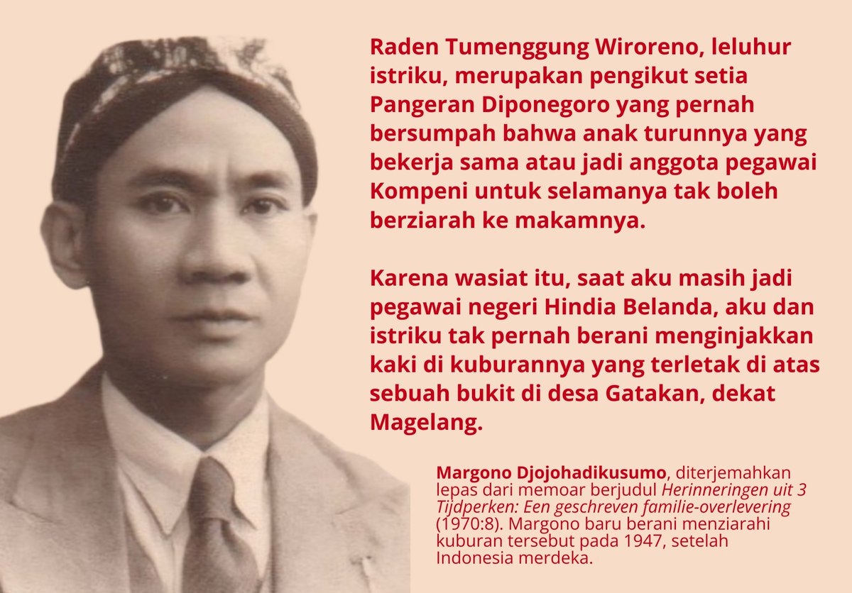 potretlawas's tweet photo. Lain lagi dg Margono Djojohadikusumo — istrinya keturunan Wiroreno, pengikut Diponegoro yang bersumpah melarang anak turunnya yang bekerja untuk Kompeni menziarahi kuburnya.

Karena sumpah itu, Margono, saat masih jadi PNS Hindia Belanda, dan istrinya tak berani menilik makamnya. https://t.co/F3KGUzOsJd
