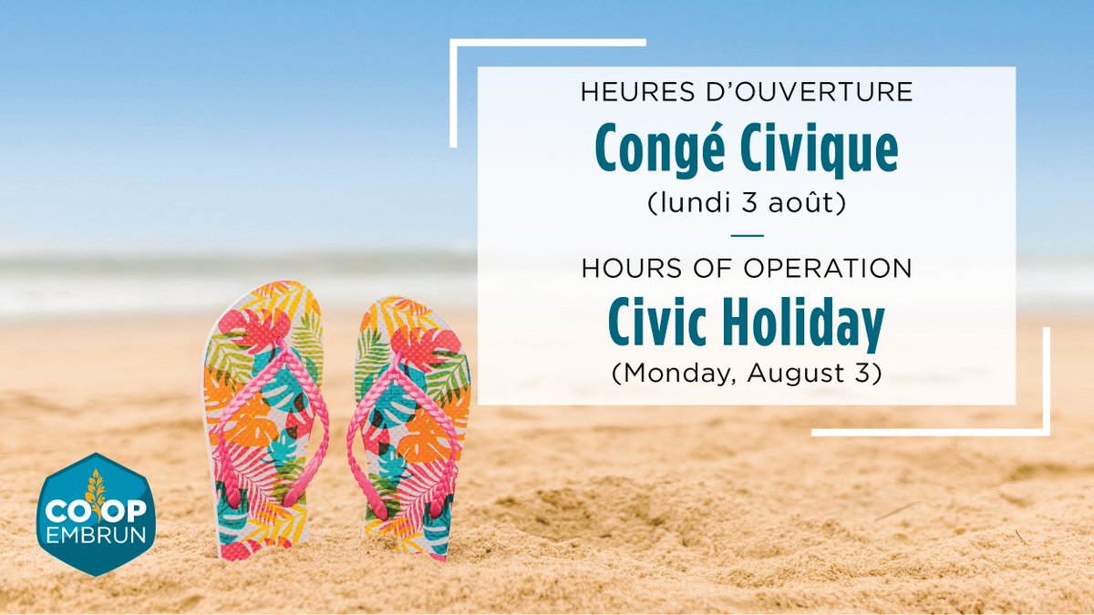 CoopEmbrun's tweet photo. ☀️ Joyeux congé civique !

Voici nos heures d'ouverture :
Indépendant et RONA : FERMÉ
Administration, Grandes cultures, Élévateurs, Énergie et Moulée : FERMÉ
Stations-service : 8 h à 21 h

Nous vous souhaitons une excellente longue fin de semaine !
--
☀️ Happy Civic Holiday!

Here are our hours of operation:
Independent & RONA: CLOSED
Admin, Crops, Elevators, Energy & Feed: CLOSED
Gas Stations: 8 am to 9 pm

We wish everyone a safe and enjoyable long weekend!
