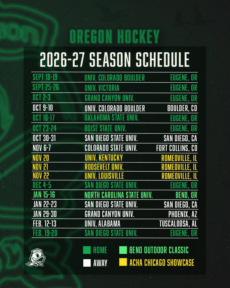 UOHockey's tweet photo. The 2026–27 schedule is here. 🦆🏒

Which game are you circling first? 👀

🎟️ Tickets go on sale August 18.

#GoDucks #OregonHockey https://t.co/lYHlvh1Z3z