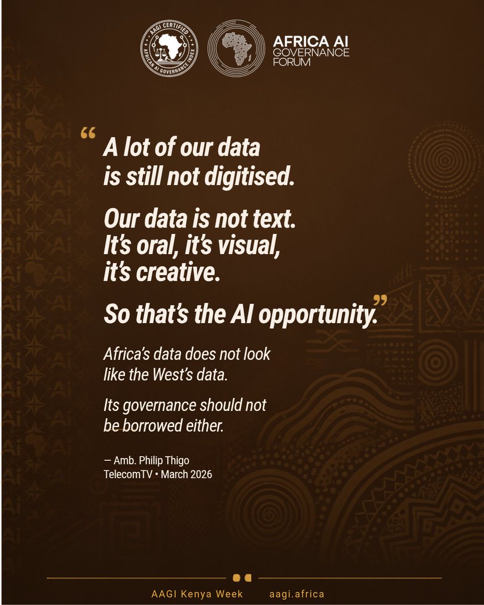 AAGIndex's tweet photo. "If you're not on the table, you're on the menu.
And I do not want to be somebody's food."

Amb. Philip Thigo, Kenya's Special Envoy on Technology

But this line matters most:

"Our data is not text. It's oral, it's visual, it's creative"

Africa's governance cannot be imported https://t.co/CV1T6LPwzJ