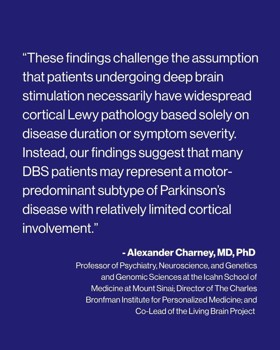 MSHSNeurology's tweet photo. New research from the Icahn School of Medicine at Mount Sinai challenges a longstanding assumption about #Parkinsons disease. Patients undergoing #DeepBrainStimulation showed little to no cortical Lewy pathology despite advanced disease. Learn more: https://t.co/rY40kh8yiA https://t.co/jq8QL5Pcpd