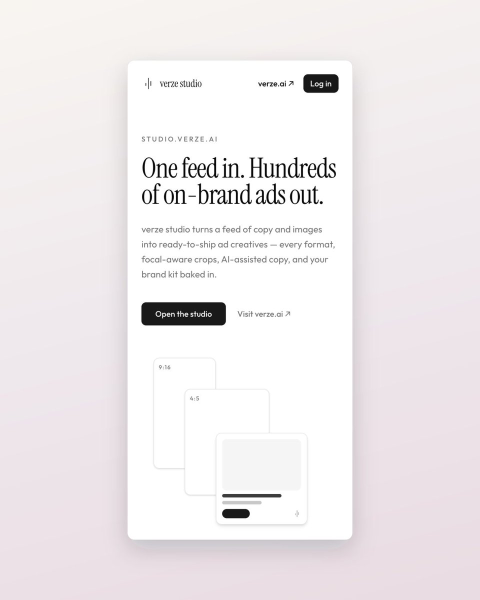 verze_ai's tweet photo. Introducing VERZE Studio: content feed in, hundreds of on-brand ads out.

→ Templates + your brand kit
→ Entries from your catalog, or any CSV
→ Focal-aware crops, every format in one render batch

Share previews, collect reactions, ship the winners.

Invite-only preview https://t.co/QrIU1fNjOH