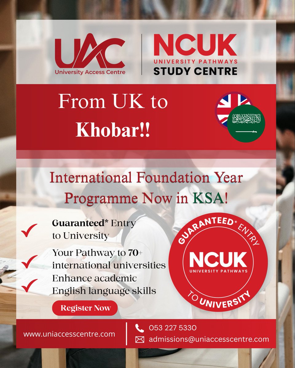 Uni_Access1's tweet photo. Start your “International Foundation Year” Programme in Al Khobar!
University Access Centre.
Al-Khobar📍
Contact us for details:
+966-53 227 5330
Application Form:
https://t.co/6wfvECw2Uh
#UAC #NCUK #Khobar #international_foundation_year
#Study_abroad https://t.co/P4wm9LBJ8Q