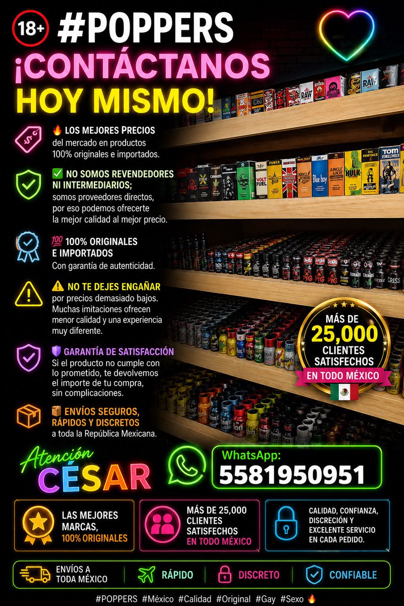 PoppersMexi's tweet photo. 🔞 #POPPERS – CONTÁCTANOS YA
📦 Envíos por paquetería seguros y confiables
🌈 Atención César
📲 WhatsApp: 5581950951
✅ Las mejores marcas 💯 originales
🚫 ¡No te dejes engañar!
💬 Más de 25,000 clientes satisfechos en todo México📍🇲🇽 | ✈️ Rápido, discreto 
#POPPERS #Gay #Sexo 🔥 https://t.co/6LQhpw5dRv