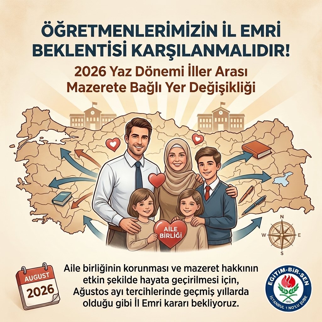 ebsistanbul1's tweet photo. 2026 Yaz Dönemi İller Arası Mazerete Bağlı Yer Değişikliği kapsamında Ağustos ayında tercih yapacak öğretmenlerimizin il emri beklentisinin karşılanmasının, aile birliğinin korunması ve mazeret hakkının etkin şekilde hayata geçirilmesi açısından önemli olduğuna inanıyoruz. https://t.co/AdoCFwyOVz